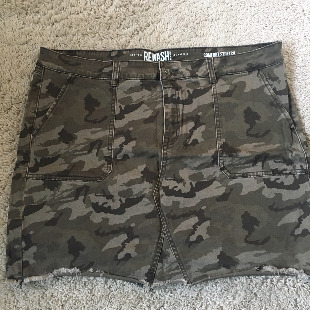 Distressed camo jean skirt